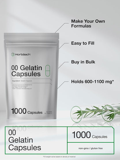 Empty Capsules Size 00 - 1000 Clear Gelatine Capsules - Resealable Bag - Non-GMO, Gluten-free - Horbaach