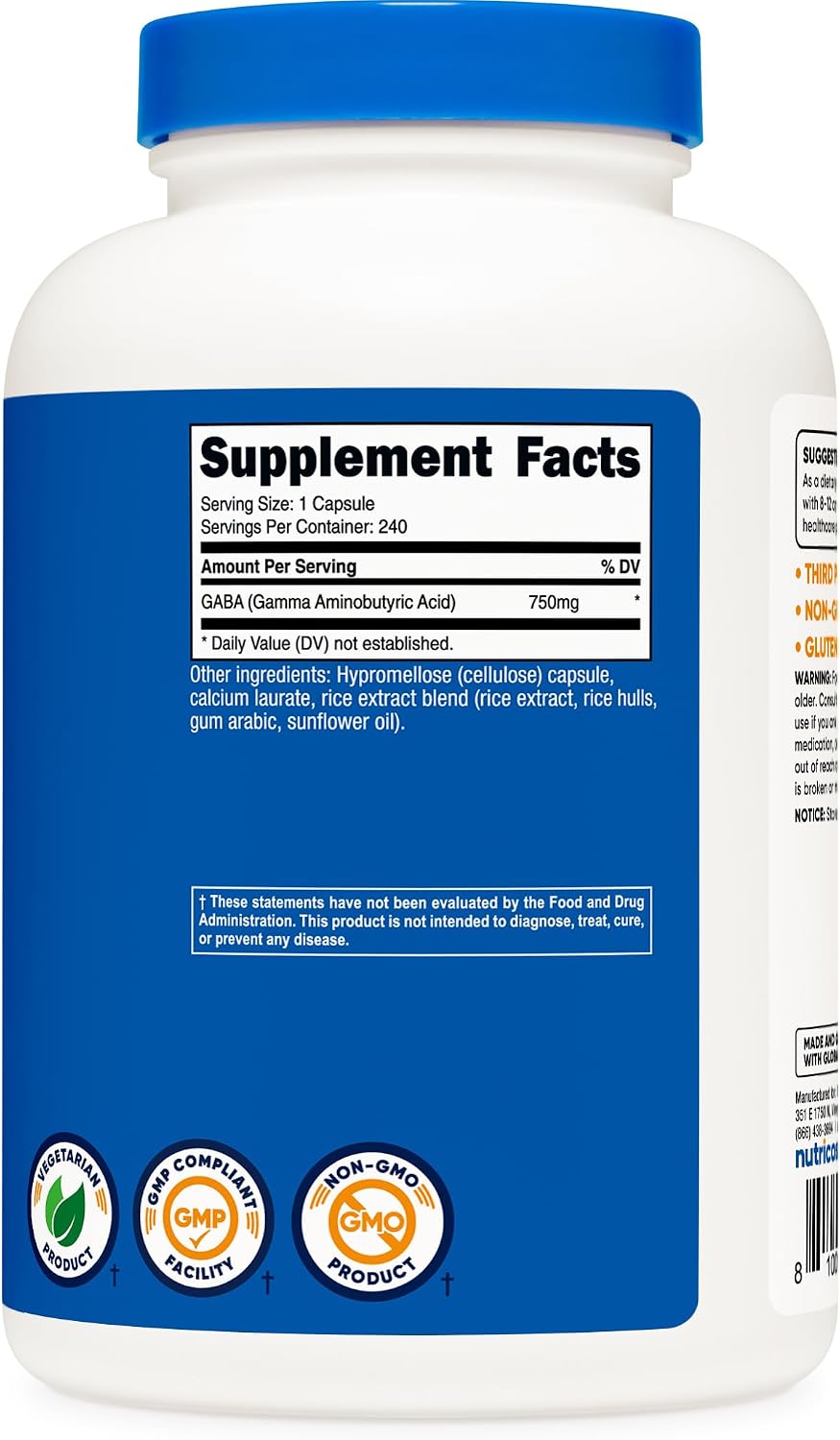 Nutricost GABA (Gamma Aminobutyric Acid) 750mg, 240 Capsules - görsel 3