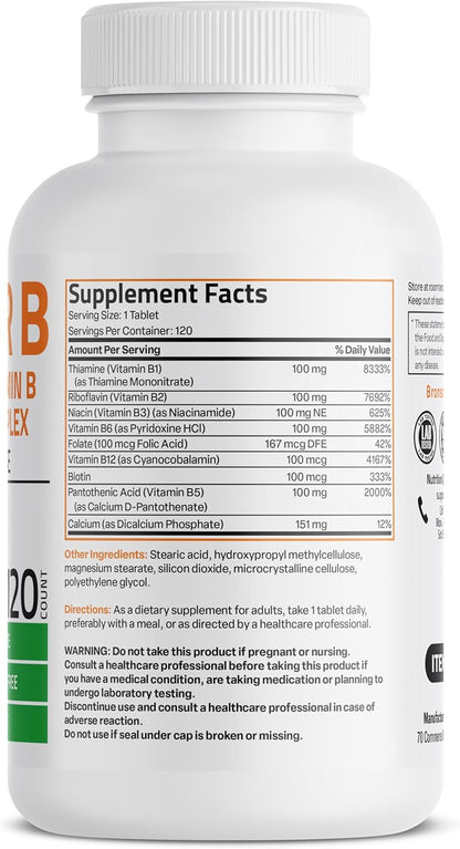 Bronson Super B100 Vitamin B Complex Slow-Release Tablets – All Eight B Vitamins (B1, B2, B3, B5, B6, B7, B9, B12), 120 Tablets