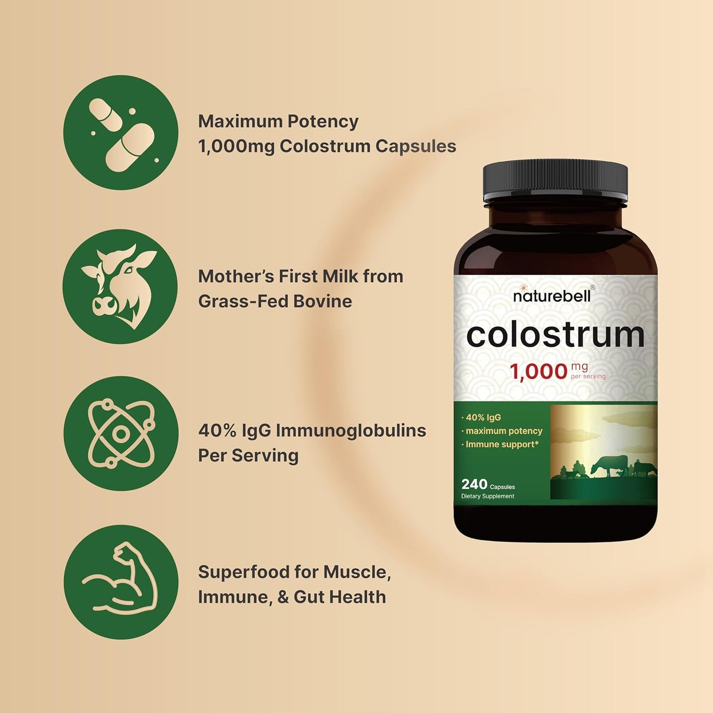 NatureBell Bovine Colostrum Supplement – 1,000mg per Serving, 240 Capsules - görsel 3