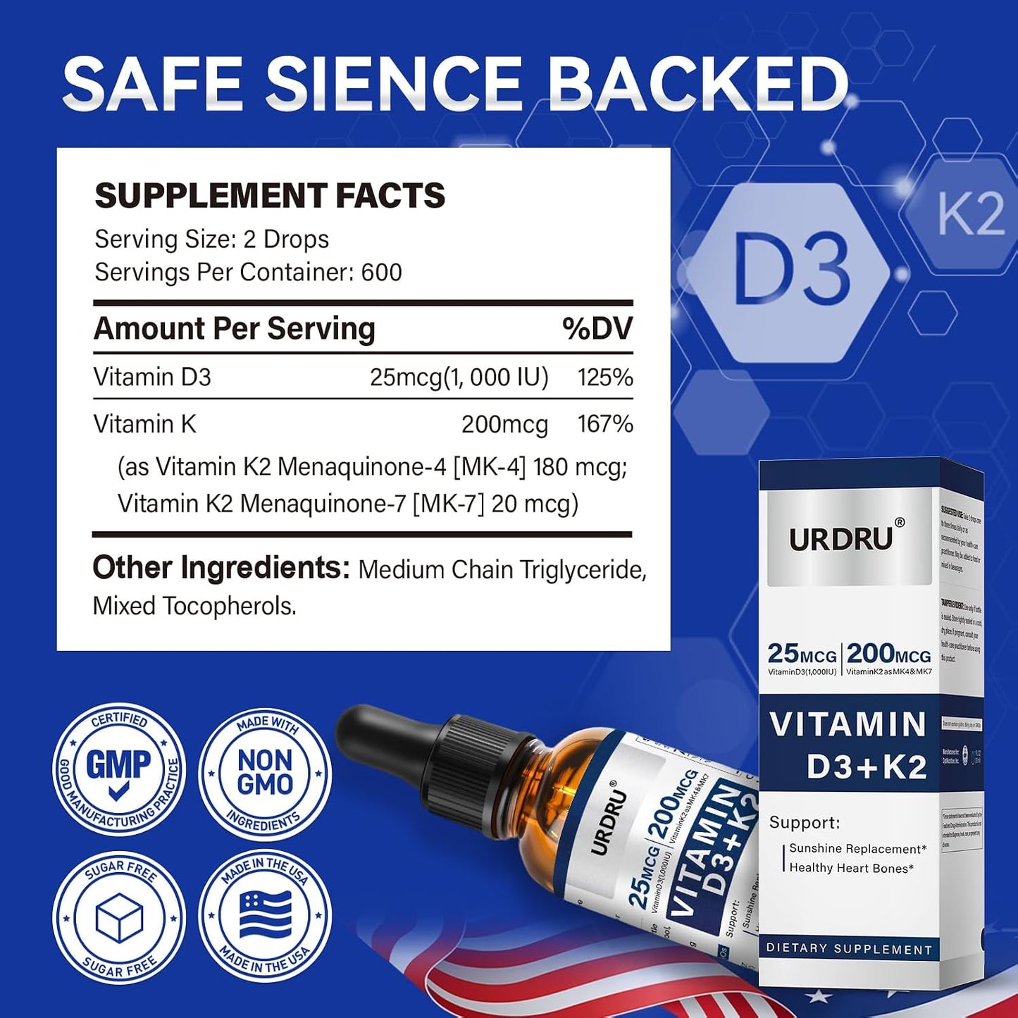 URDRU Organic Vitamin D3 K2 Liquid Drops - 1000 IU D3 & 200 mcg K2 - 30 ml Maximum Absorption Drops for Immune and Mood, Bone and Teeth Health - görsel 4