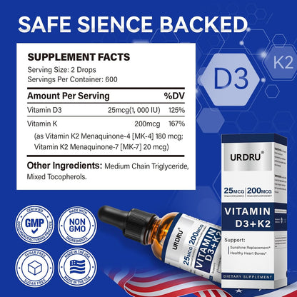 URDRU Organic Vitamin D3 K2 Liquid Drops - 1000 IU D3 & 200 mcg K2 - 30 ml Maximum Absorption Drops for Immune and Mood, Bone and Teeth Health