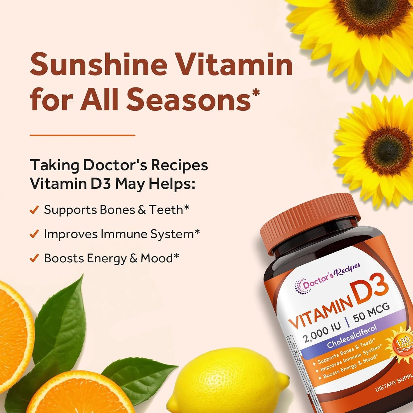 Doctor's Recipes Vitamin D3 2000 IU, Cholecalciferol, 120 Soft gel capsules, Non-GMO, Bone & Immune Support - görsel 3