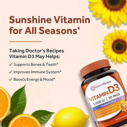 Doctor's Recipes Vitamin D3 2000 IU, Cholecalciferol, 120 Soft gel capsules, Non-GMO, Bone & Immune Support