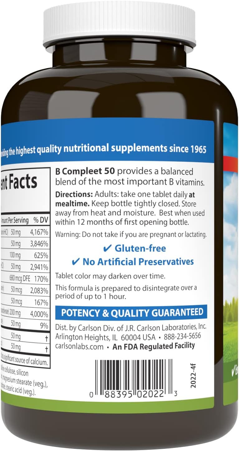 Carlson - B Compleet 50, Balanced Vitamin B Complex, Energy Production, Cellular Support & Optimal Wellness, 250 Tablets - görsel 3