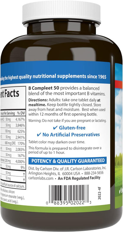 Carlson - B Compleet 50, Balanced Vitamin B Complex, Energy Production, Cellular Support & Optimal Wellness, 250 Tablets