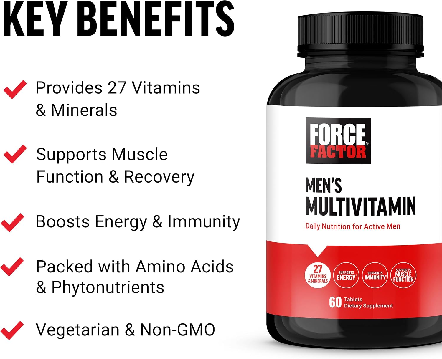 Force Factor Men’s Multivitamin - Multivitamin for Men Plus Amino Acids with 27 Vitamins and Minerals, Phytonutrients for Energy and Immunity, 60 Tablets - görsel 2