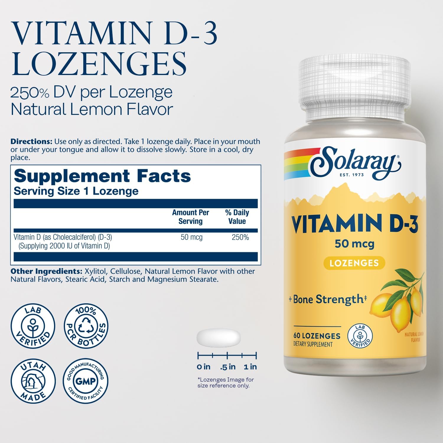 SOLARAY Vitamin D3 2000 IU Lozenges - Natural Lemon, 60 Lozenges - görsel 2
