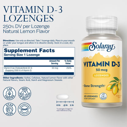 SOLARAY Vitamin D3 2000 IU Lozenges - Natural Lemon, 60 Lozenges