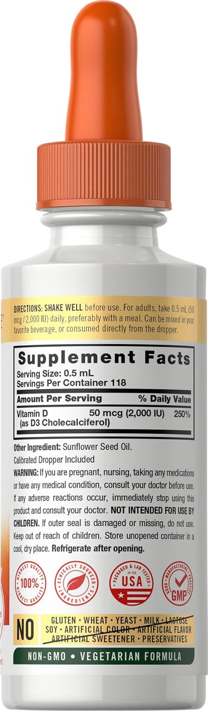 Carlyle Vitamin D3 Liquid Drops | 2000 IU (50 µg) | 60 ml | Vitamin D Supplement for Adults | Vegetarian, Non-GMO, Gluten-Free Formula