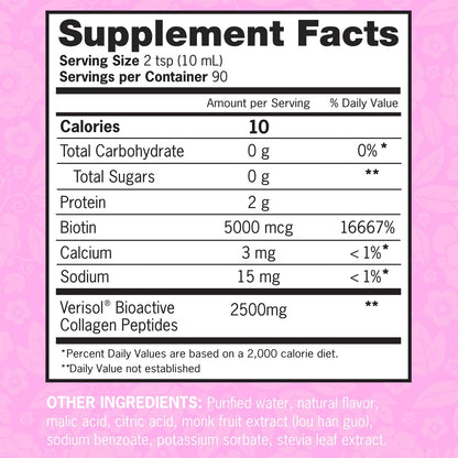 Zena Liquid Collagen + Biotin, 2500mg Collagen & 5000mcg Biotin, Verisol Formula, Mixed Berry, 90 Servings
