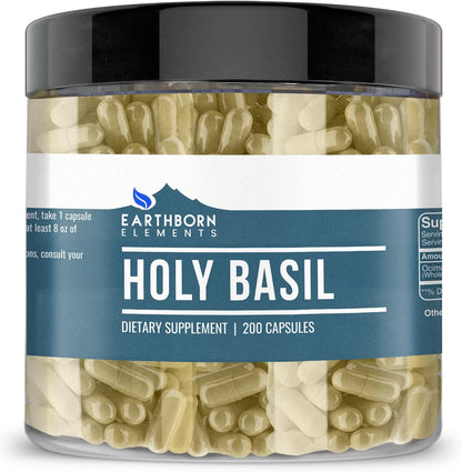 Earthborn Elements Holy Basil (Tulsi) 200 Capsules, Pure & Undiluted, No Additives