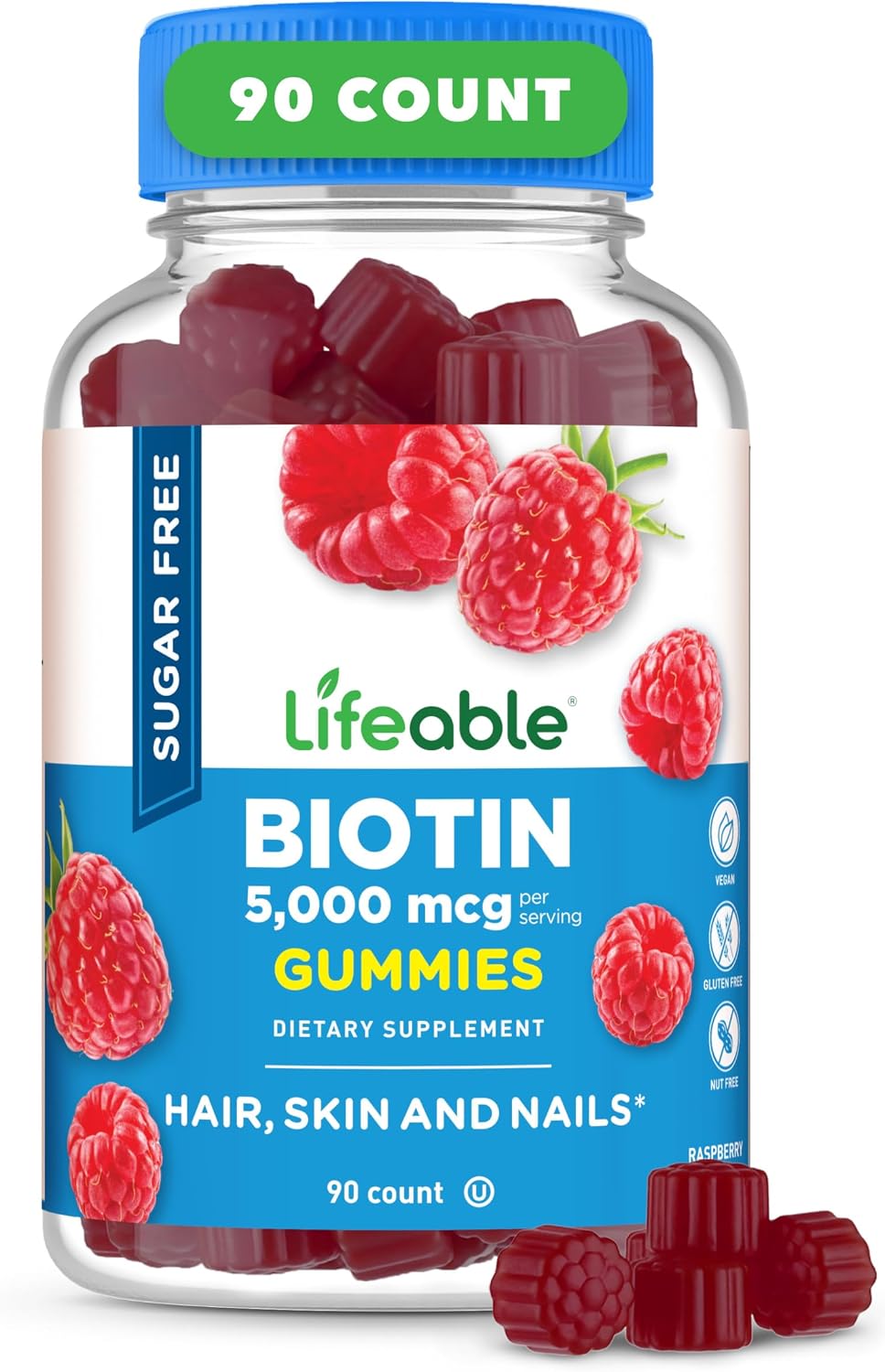 Lifeable Sugar-Free Biotin Gummies - 5000µg Vitamin B7 for Hair, Skin & Nail Health - 90 Gummies - görsel 1