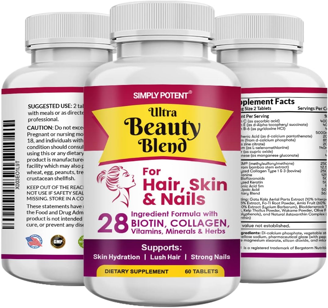 Simply Potent Hair Skin and Nails Vitamins - 28 Ingredient Anti-Ageing Supplement with Biotin 5000mcg, Keratin, MSM, Collagen, Hyaluronic Acid - 60 Tablets - görsel 1