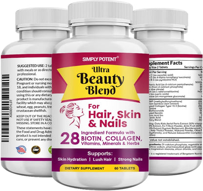 Simply Potent Hair Skin and Nails Vitamins - 28 Ingredient Anti-Ageing Supplement with Biotin 5000mcg, Keratin, MSM, Collagen, Hyaluronic Acid - 60 Tablets
