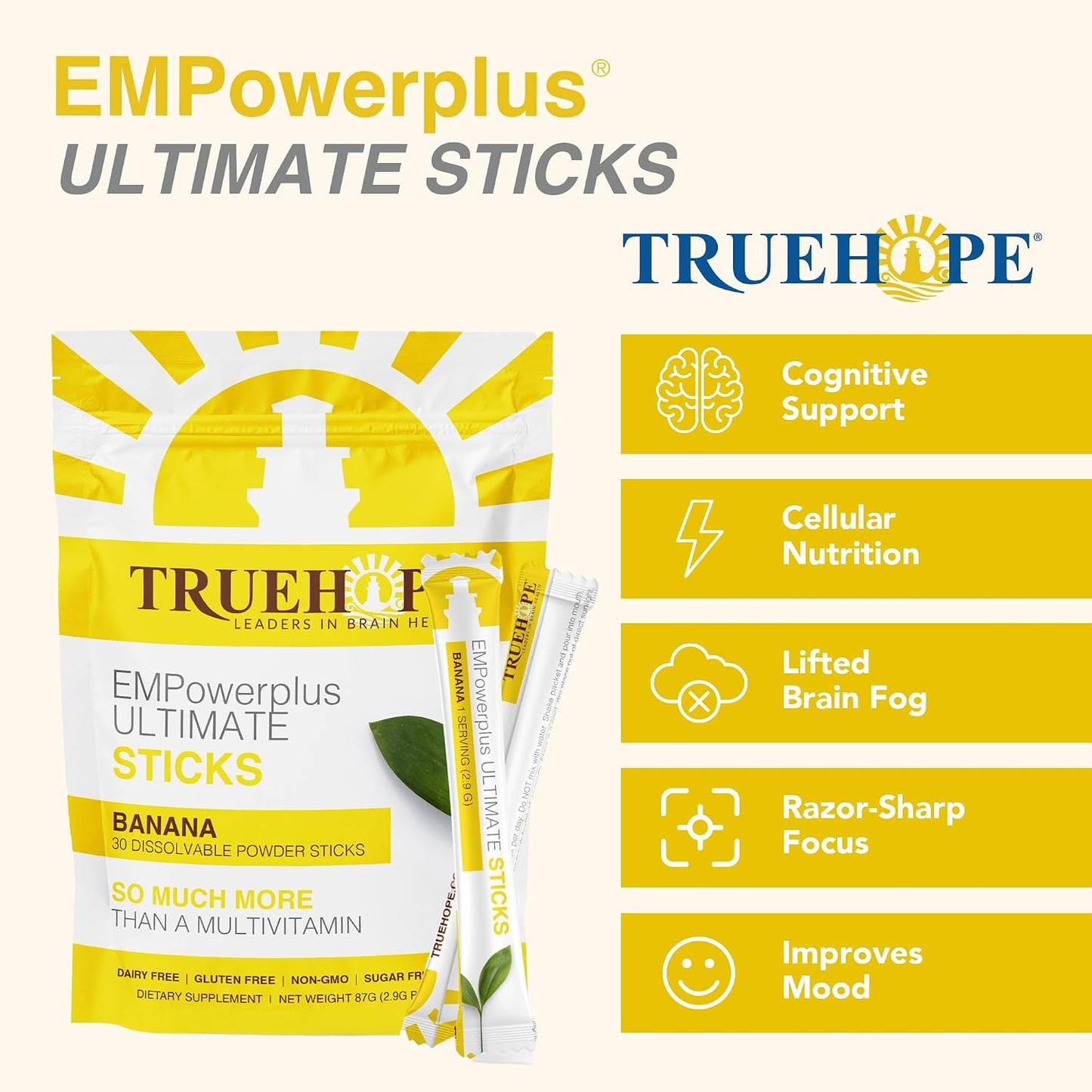Truehope Multivitamin Nootropic Sachets with Inositol - EMPowerplus Ultimate Sticks, 30 Sachets (Banana Flavour) - görsel 3
