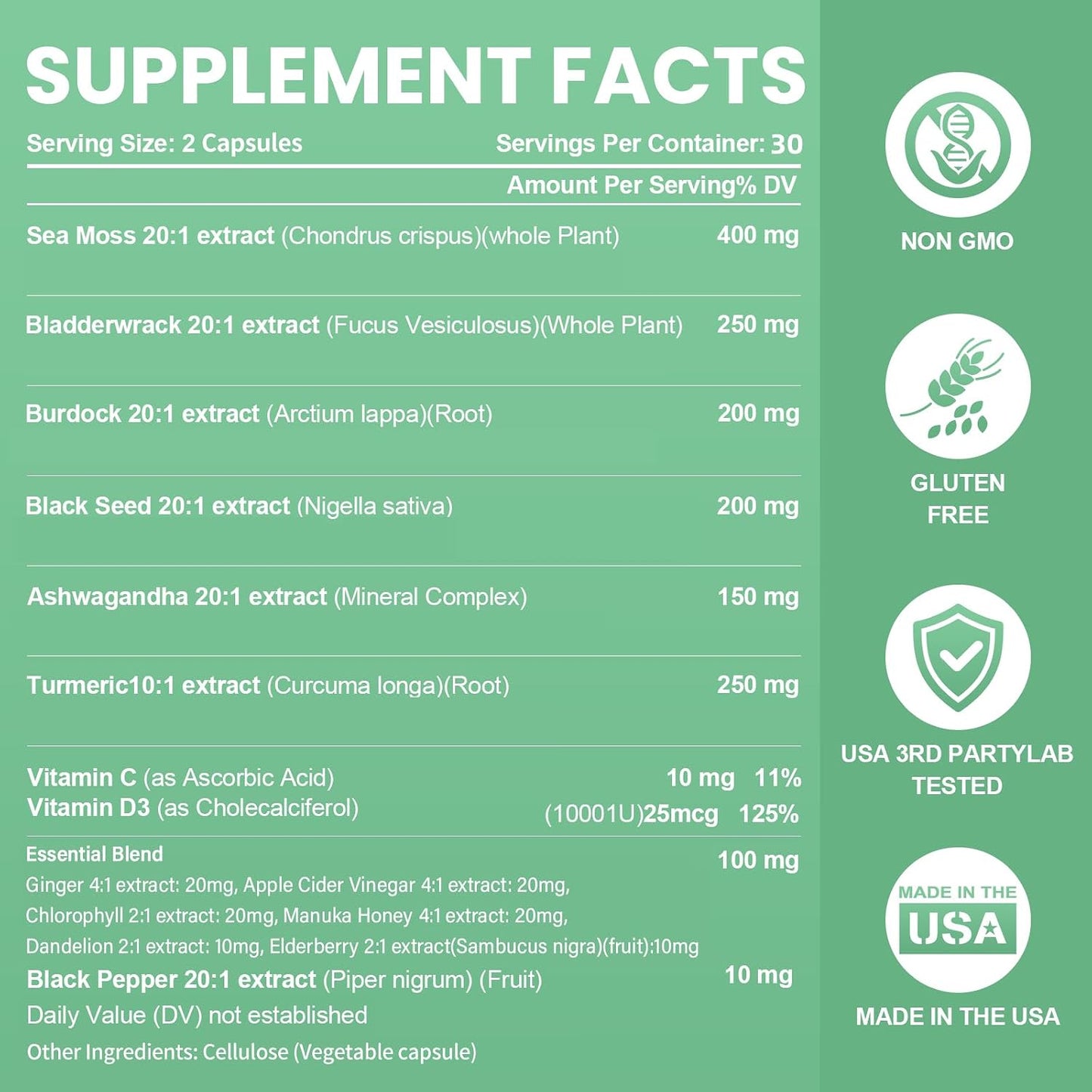 Sea Moss Black Seed Oil Ashwagandha Bladderwrack Burdock Root Turmeric & Vitamin C D3 Elderberry ACV Black Pepper - Multimineral Supplement - 60 Capsules - görsel 7