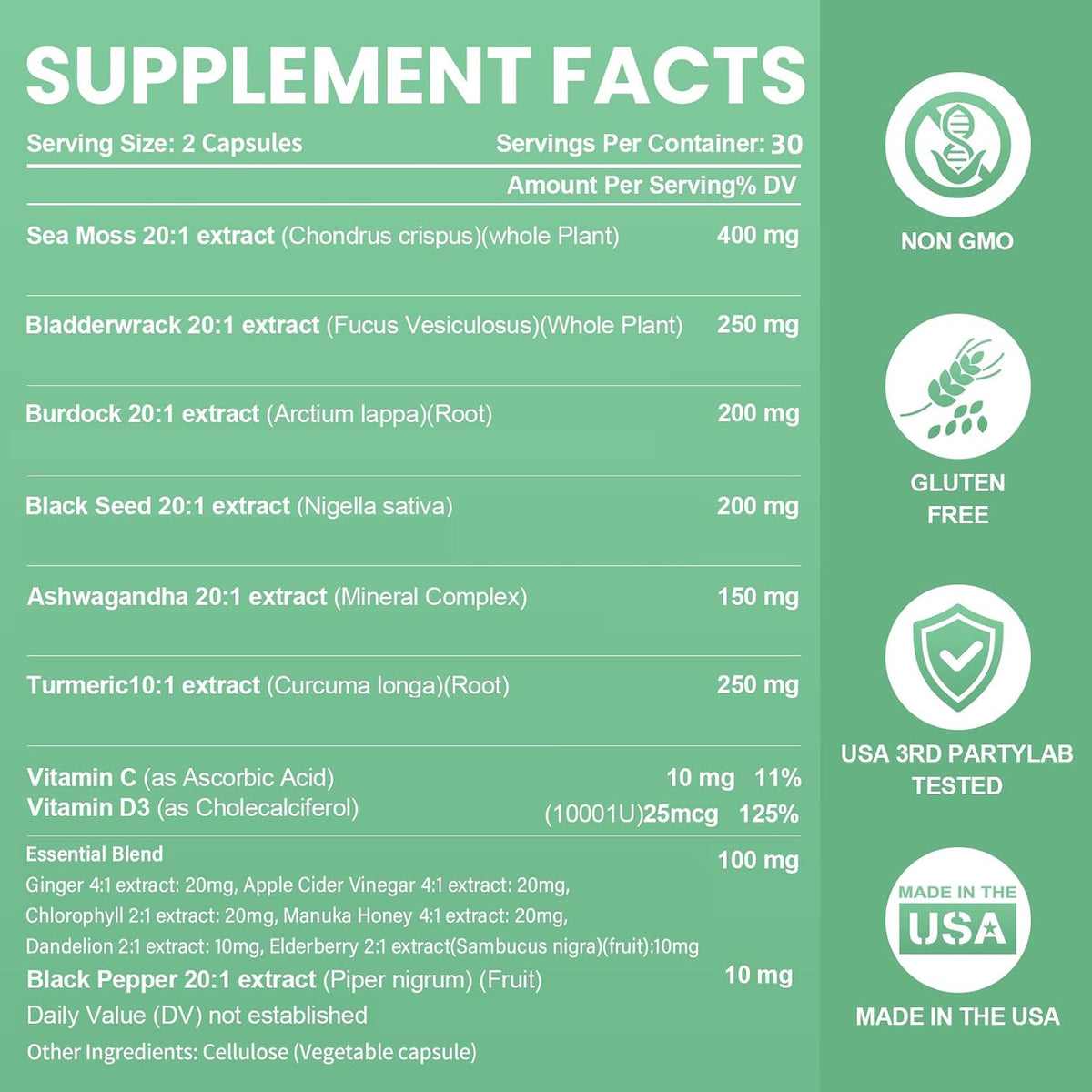 Sea Moss Black Seed Oil Ashwagandha Bladderwrack Burdock Root Turmeric & Vitamin C D3 Elderberry ACV Black Pepper - Multimineral Supplement - 60 Capsules - görsel 7