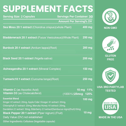 Sea Moss Black Seed Oil Ashwagandha Bladderwrack Burdock Root Turmeric & Vitamin C D3 Elderberry ACV Black Pepper - Multimineral Supplement - 60 Capsules