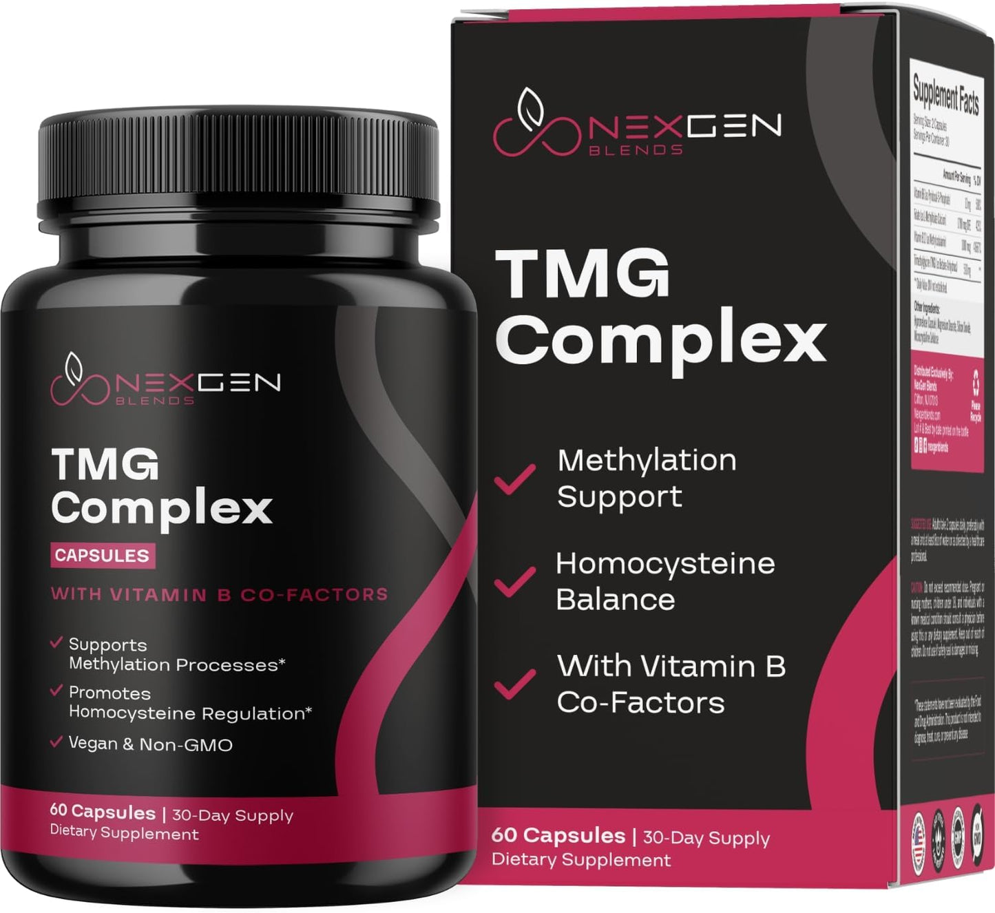 TMG Trimethylglycine Supplement with Methyl B Complex - 500mg Betaine TMG with Methylated B Vitamins for Homocysteine Support - Vegan & Non-GMO (1 Month Supply) - görsel 1