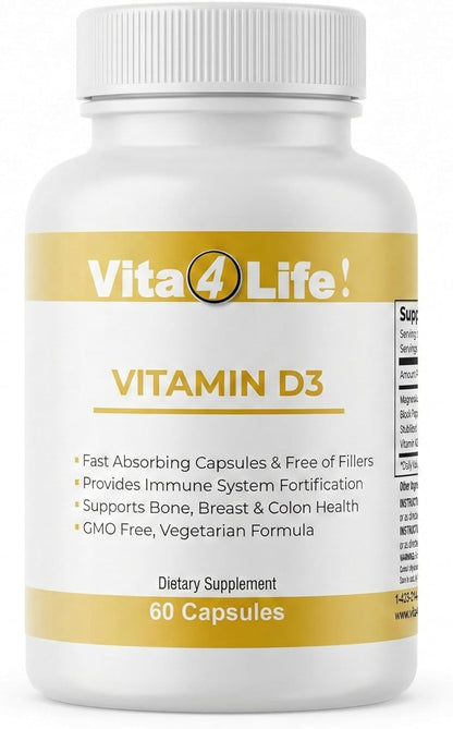 Vita4Life! Vitamin D3 with K2 & Magnesium - High Absorption, Immune & Bone Support - Non-GM, Vegetarian - 60 Capsules