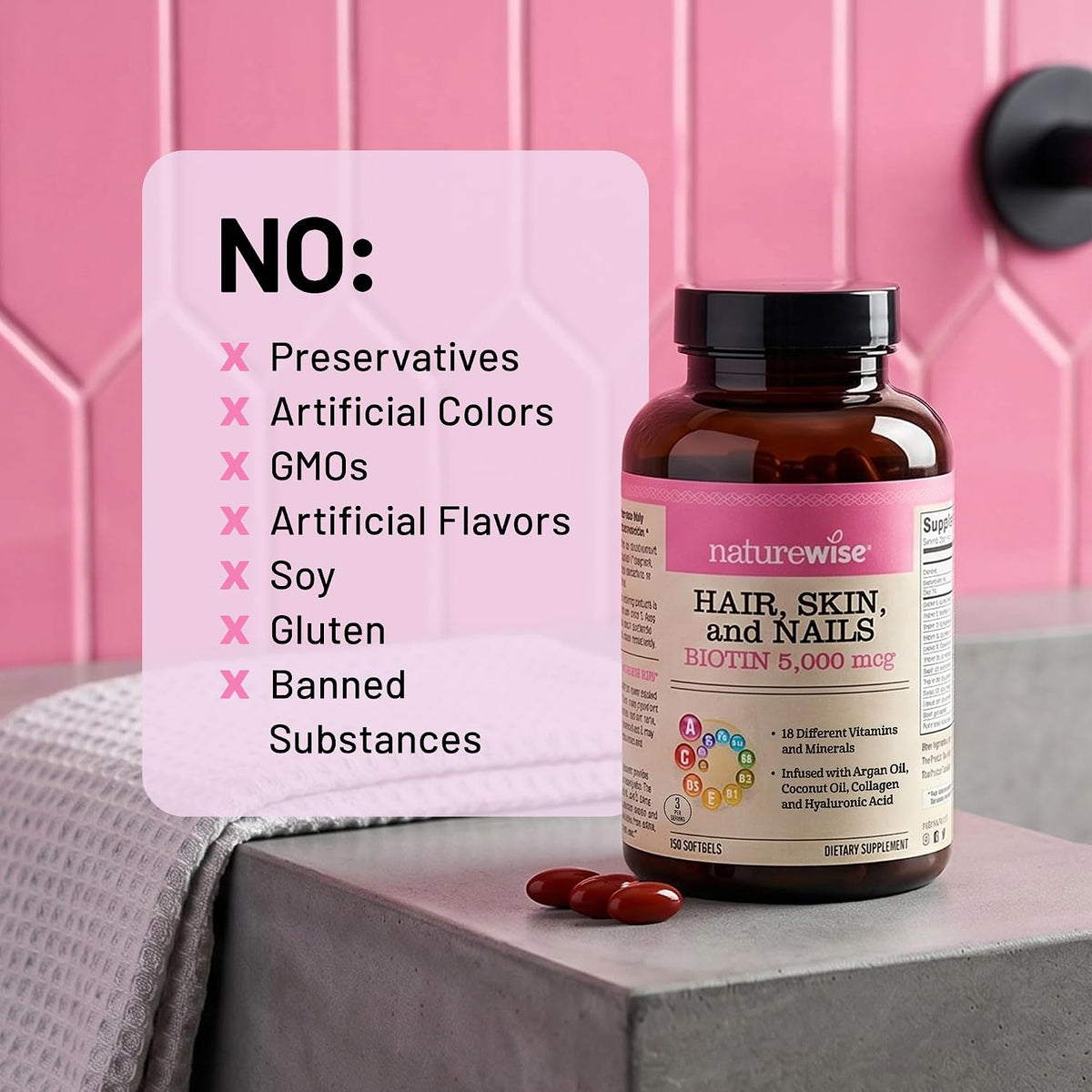 NatureWise Hair, Skin and Nails Supplement – Biotin 5000mcg with Hyaluronic Acid and Collagen – 270 Softgels - görsel 8
