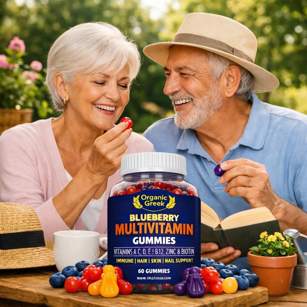 Organic Greek Multivitamin Gummies with Vitamin A, C, D, E, Zinc, B12, Biotin, B6, Iodine, Pantothenic Acid – 13 Vitamins and Minerals, Blueberry Flavour - görsel 8