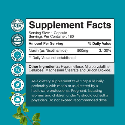 Vitamin B3 Niacinamide 500mg Capsules – Flush-Free Nicotinamide Supplement