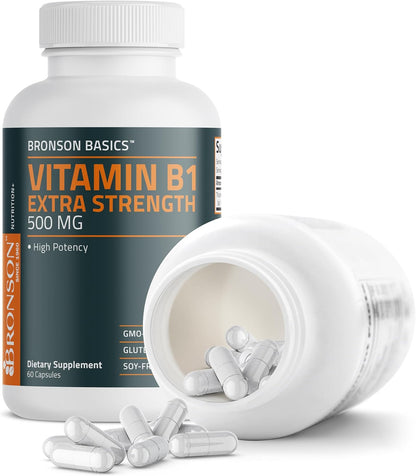 Bronson Vitamin B1 Extra Strength 500 mg High Potency Non-GMO, 60 Capsules
