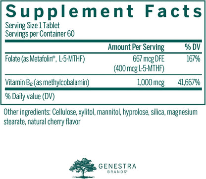 Genestra Brands Active Chewable B12 with L-Methylfolate, 60 Chewable Tablets, Natural Cherry Flavour