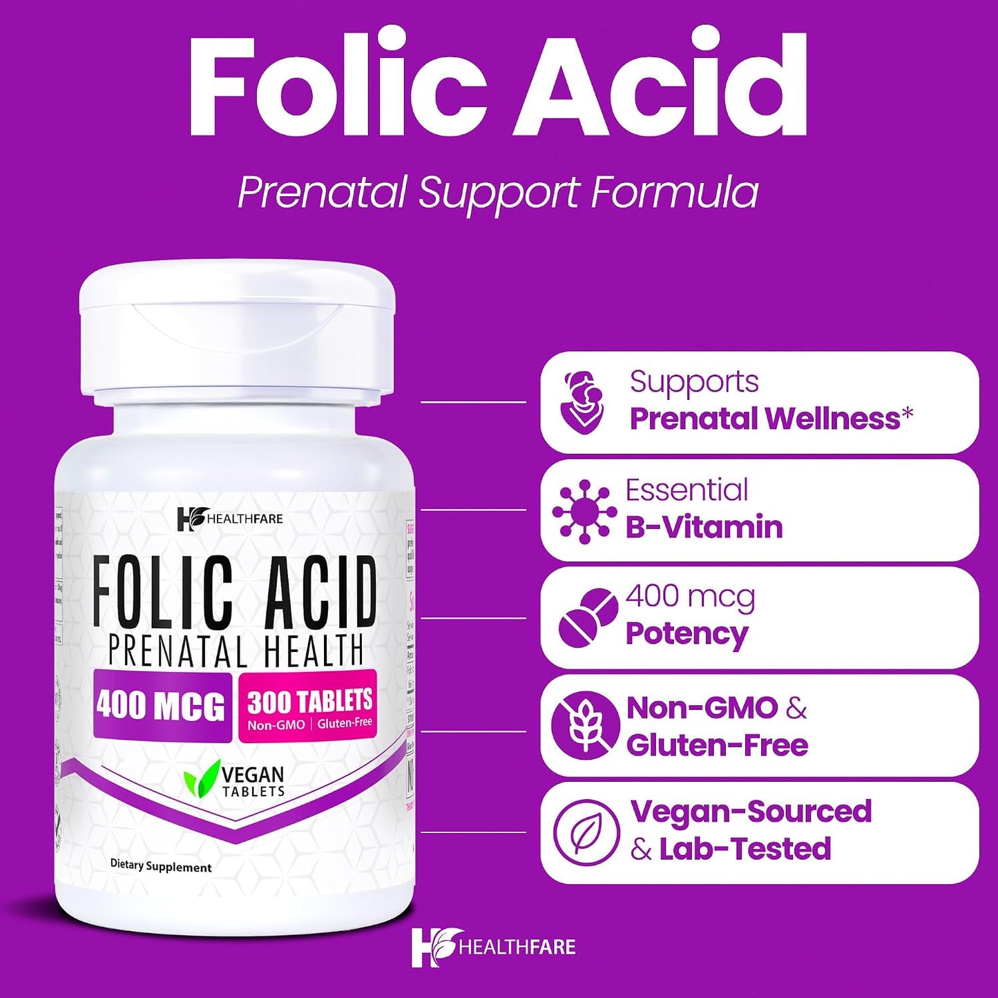 Healthfare Folic Acid 400mcg | 300 Veg Tablets | Folate Vitamin B9 | Gluten-free & Non-GMO - görsel 2