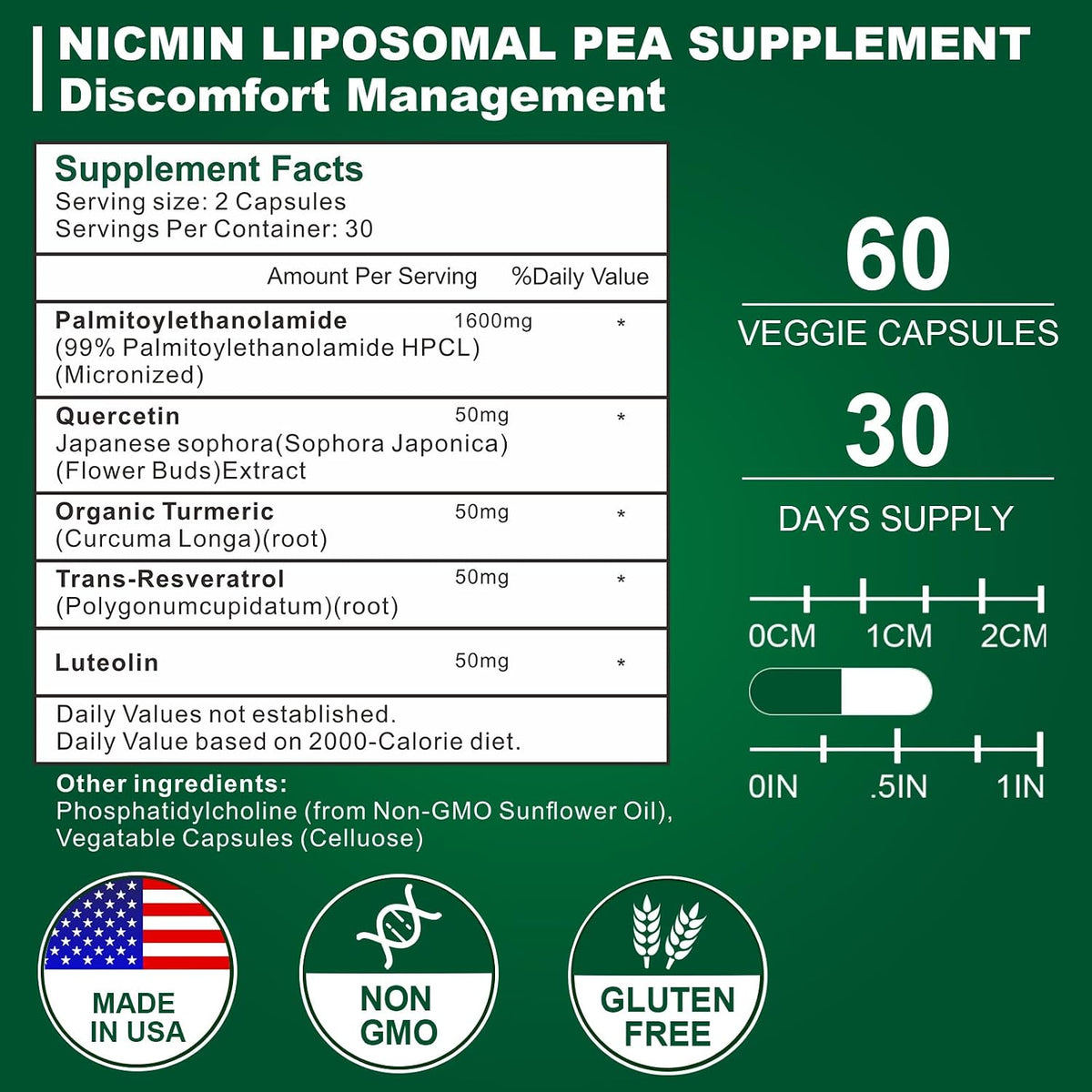 NICMIN 1600mg Palmitoylethanolamide 99% with Luteolin & Quercetin - Micronised for High Absorption, 60 Capsules - görsel 2