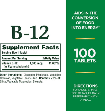 Nature's Bounty Vitamin B12 1000 mcg - 100 Tablets