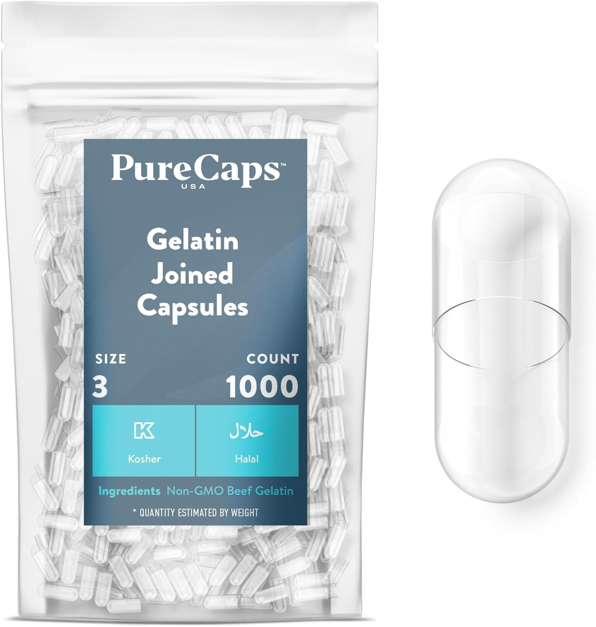 PureCaps USA - Empty Gelatine Capsules Size 3 | 100 Joined Pills | Clear | Non-GMO Certified | SLS, Gluten, Preservative Free - görsel 8