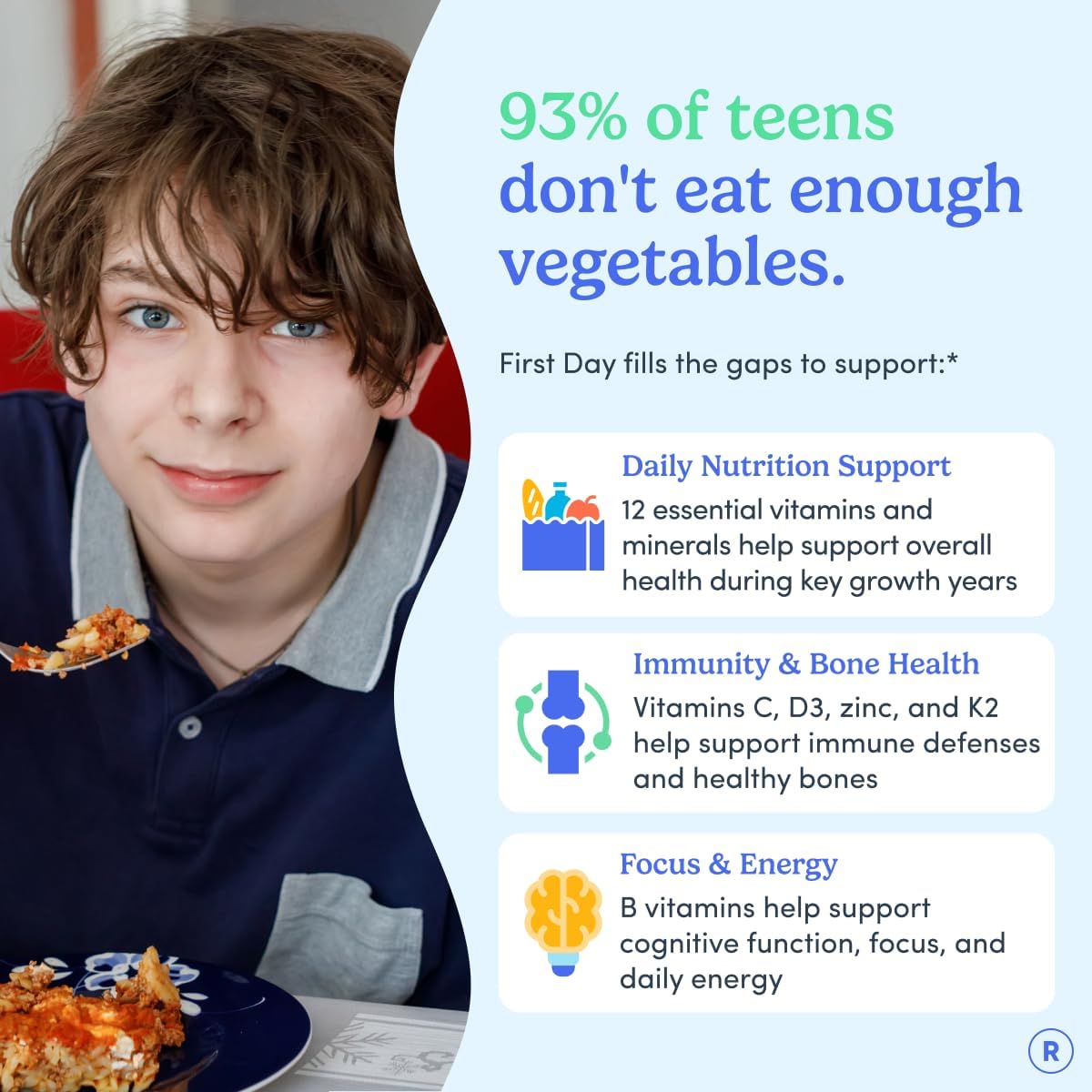 FIRST DAY Vitamins for Teens - Teen Multivitamins for Girls & Boys 12-17, Organic Fruit & Veg Blend - 12 Key Nutrients: Vitamins A, B1, B2, B6, B9, B12, C, D3, E, K2 - 60 Day Supply - görsel 2