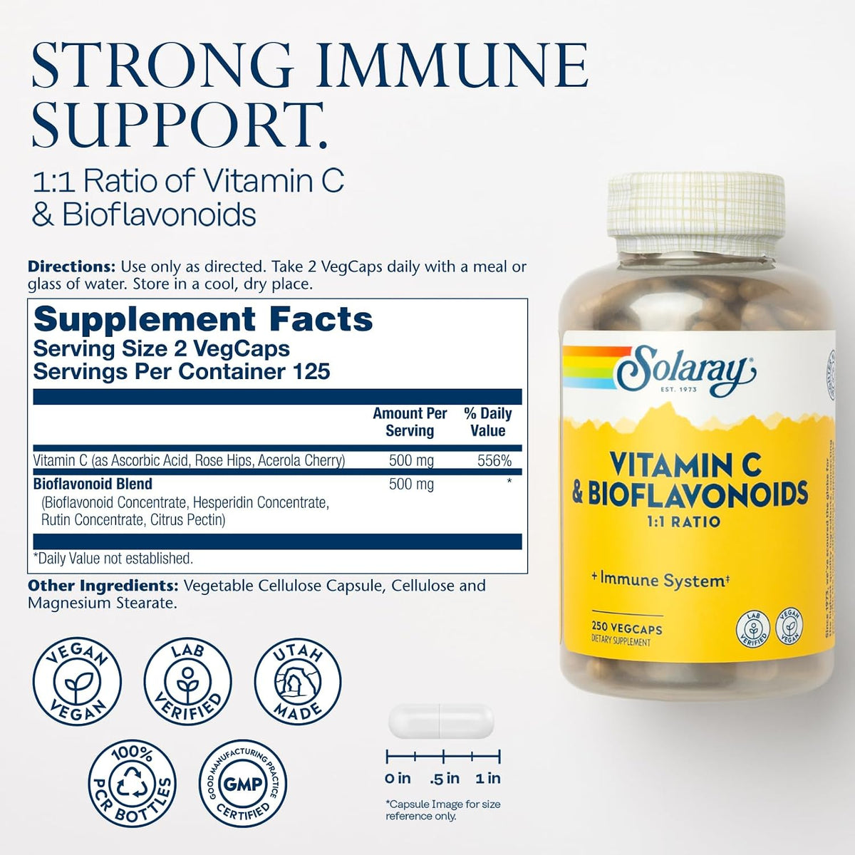 SOLARAY Vitamin C 500mg with Citrus Bioflavonoids, 1:1 Ratio - Antioxidant and Immune Support - 250 VegCaps - görsel 2