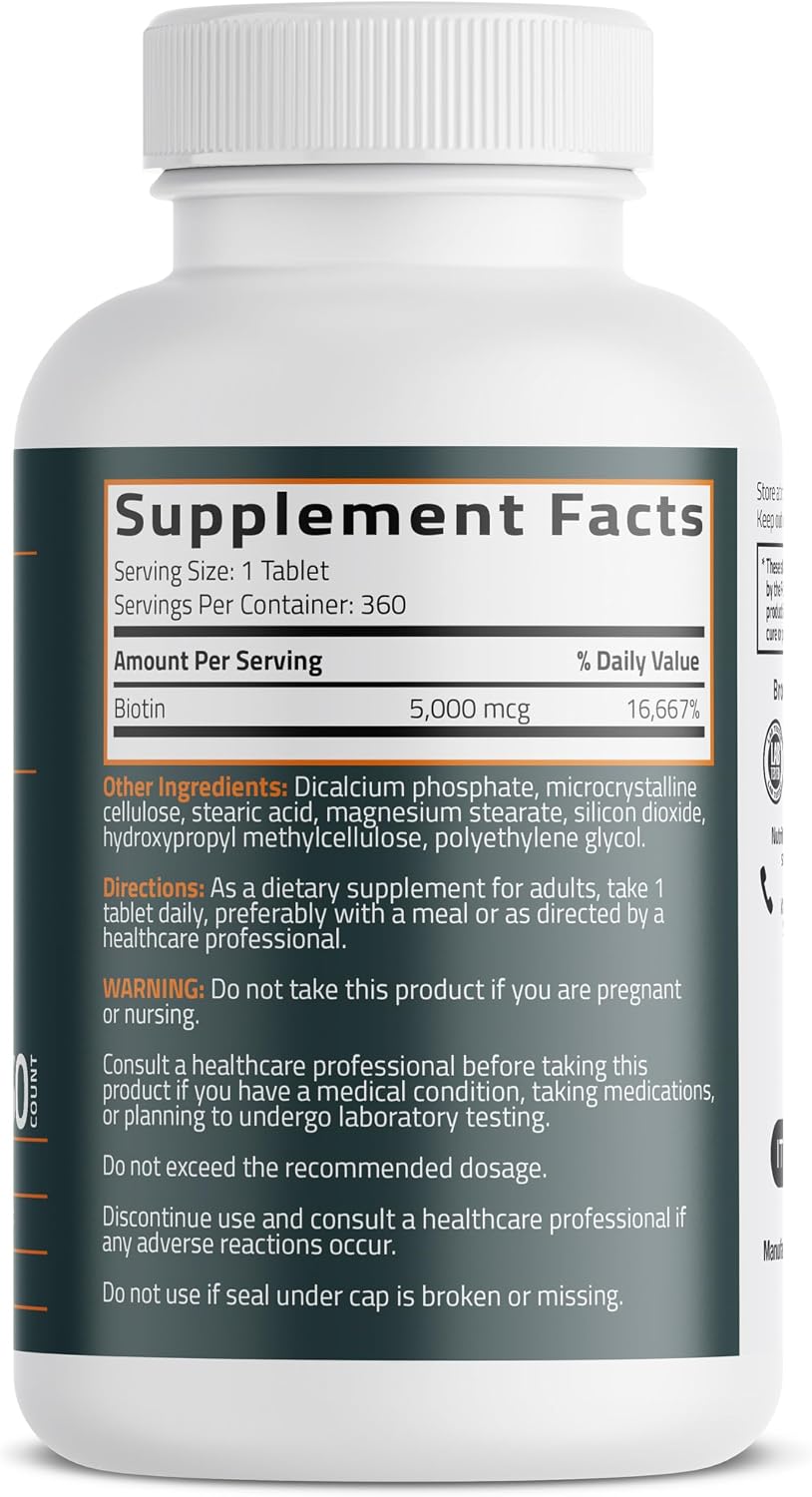 Bronson Biotin 5,000 mcg – High Potency for Healthy Hair, Skin and Nails – 360 Vegetarian Tablets - görsel 2