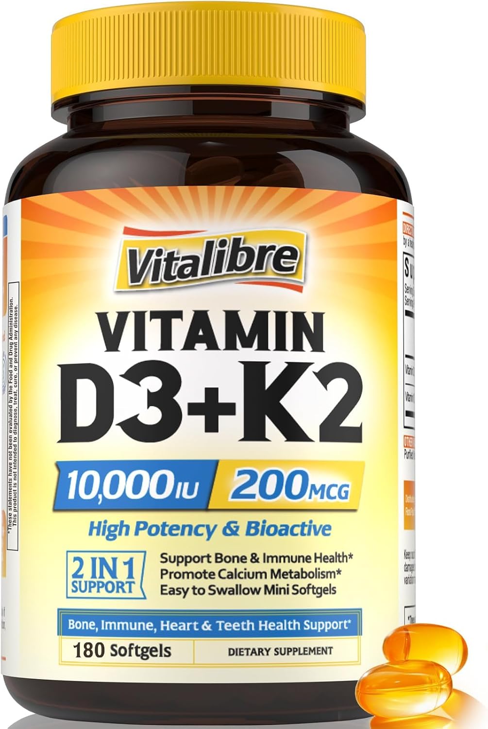 Vitalibre Vitamin D3 K2 Supplement, 10000 IU D3 / 200 mcg K2 MK7, 90 Soft gel capsules - görsel 10