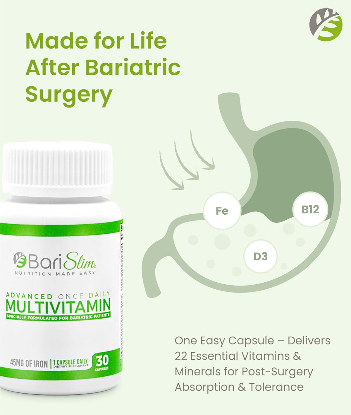 BariSlim Advanced Once Daily Bariatric Multivitamin Capsule - 45 mg of Iron - For Post Bariatric Surgery Including Gastric Bypass and Gastric Sleeve | 30 Day Supply - görsel 3