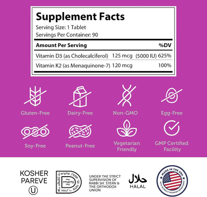 Zahler Vitamin D3 & K2 Chewable Supplement - 5000 IU D3, 120 mcg K2, 90 Chewable Tablets