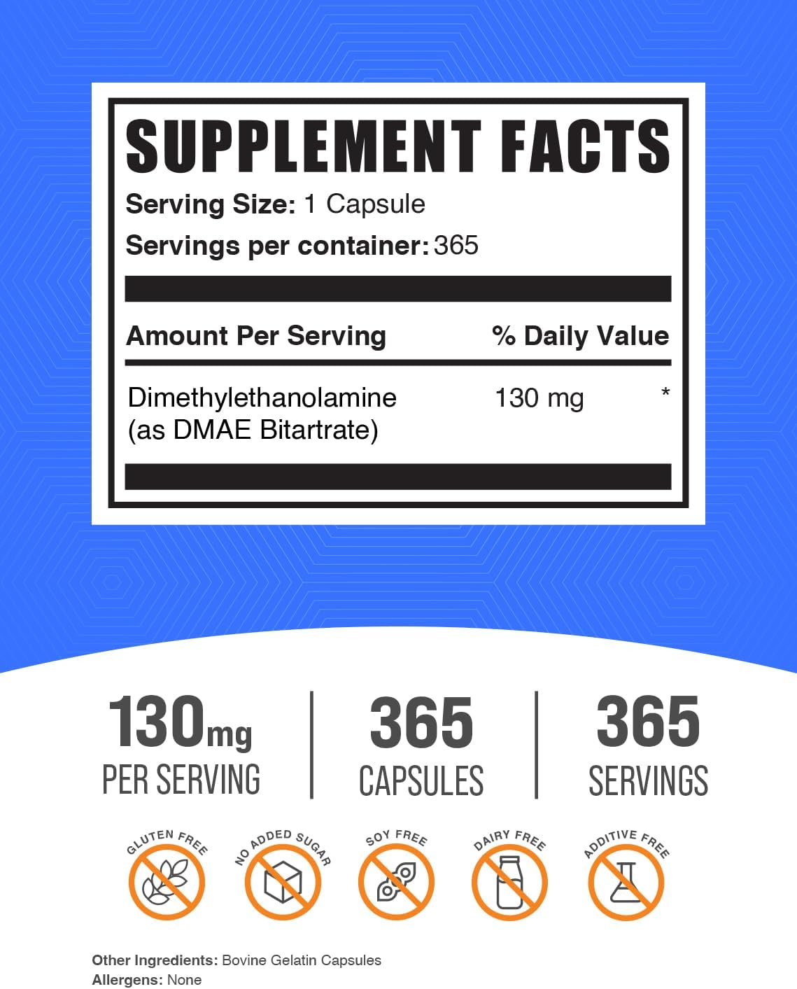 BulkSupplements.com DMAE Bitartrate Capsules - Dimethylaminoethanol Bitartrate, 130 mg per Capsule, 365 Capsules - görsel 2