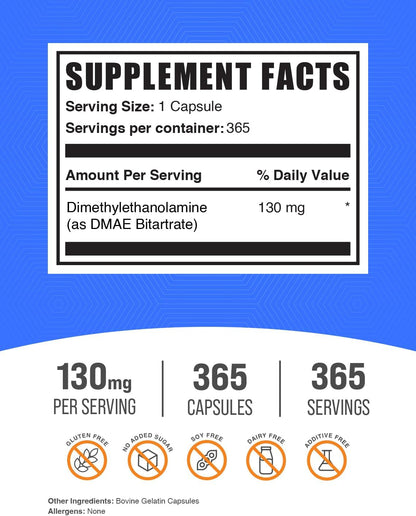 BulkSupplements.com DMAE Bitartrate Capsules - Dimethylaminoethanol Bitartrate, 130 mg per Capsule, 365 Capsules