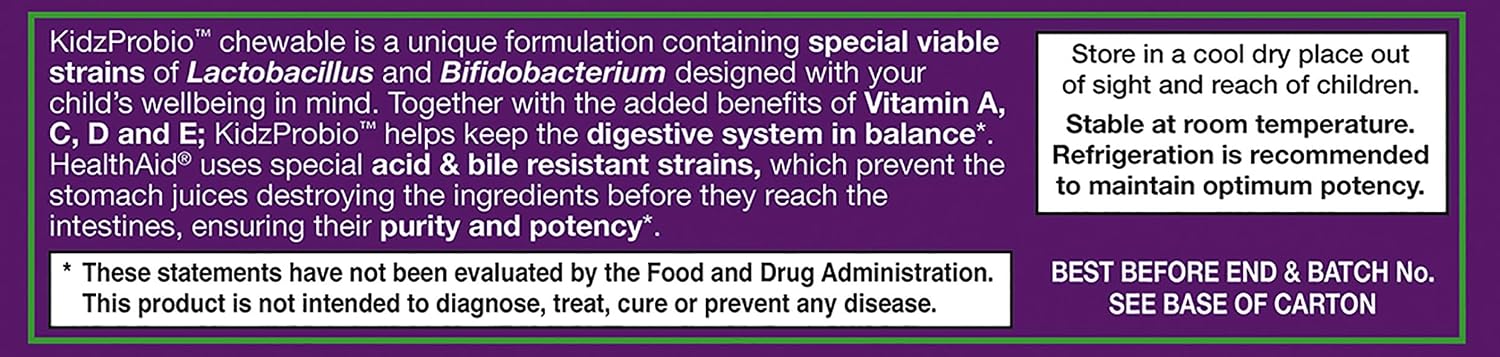 HealthAid KidzProbio Chewable Probiotic for Kids – 2 Billion CFU, 5 Strains + Prebiotic & Vitamins A, C, D & E – Supports Digestive & Immune Health – Blackcurrant Flavour, 30 Daily Tablets - görsel 3