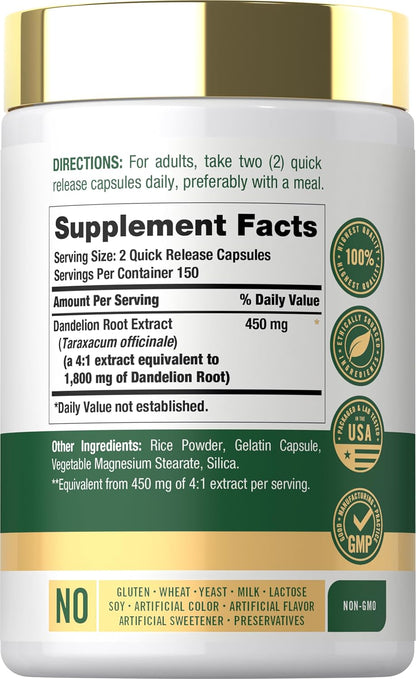 Carlyle Dandelion Root Extract | 300 Capsules | Herbal Supplement | Taraxacum Officinale | Non-GMO and Gluten-free