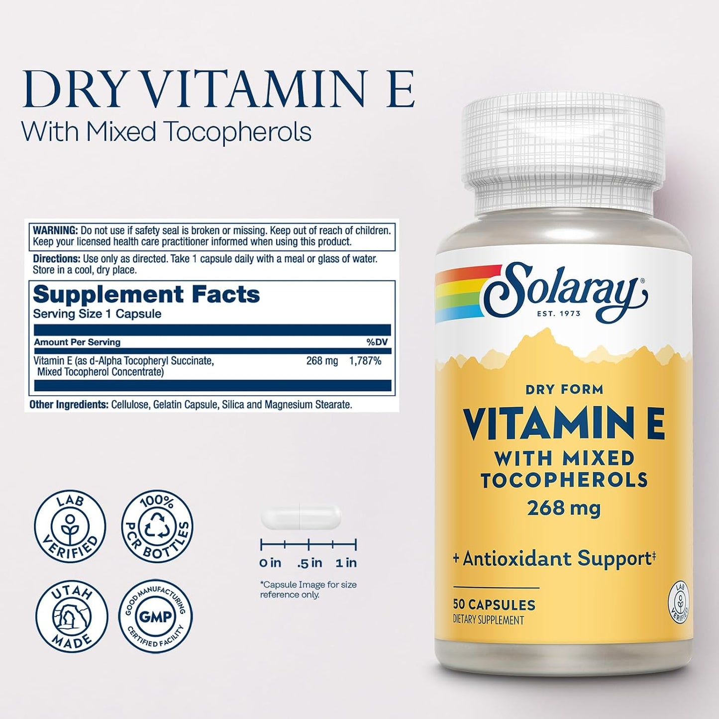 SOLARAY Vitamin E 400 IU (268 mg) Dry Form with Mixed Tocopherols - 50 Capsules - görsel 2