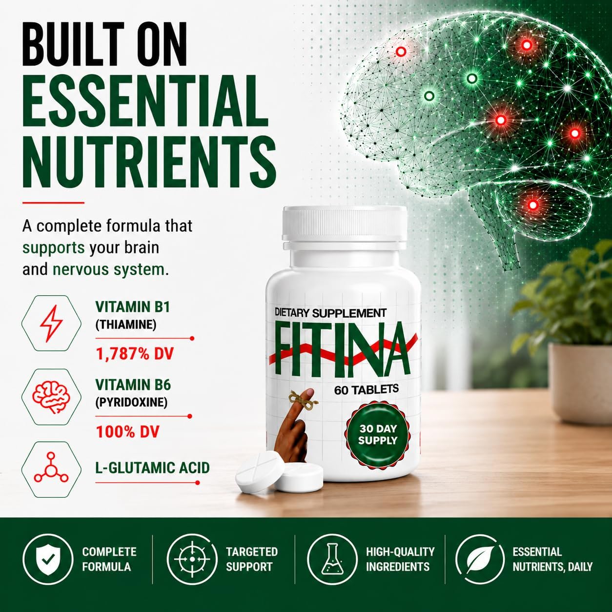 Fitina Brain Supplements for Memory and Focus with Vitamin B6 & Thiamine | High-Dose B Vitamins Nervous System and Cognitive Health Support, Daily Supplement Formula for Adults, 60 Tablets (2-Pack) - görsel 4