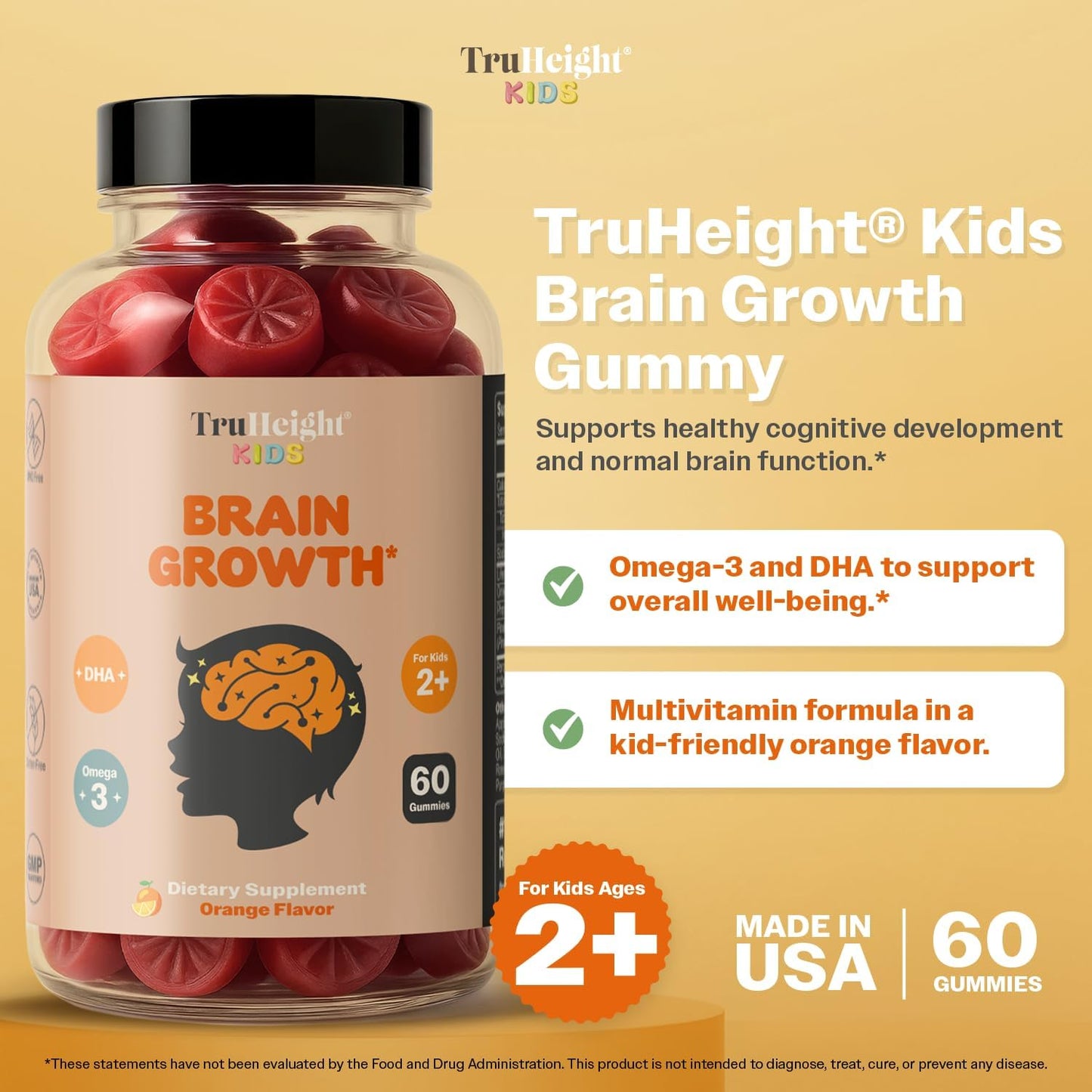 TruHeight Kids Brain Growth Gummies - Orange - Omega-3 DHA Multivitamin for Ages 2+ - görsel 2