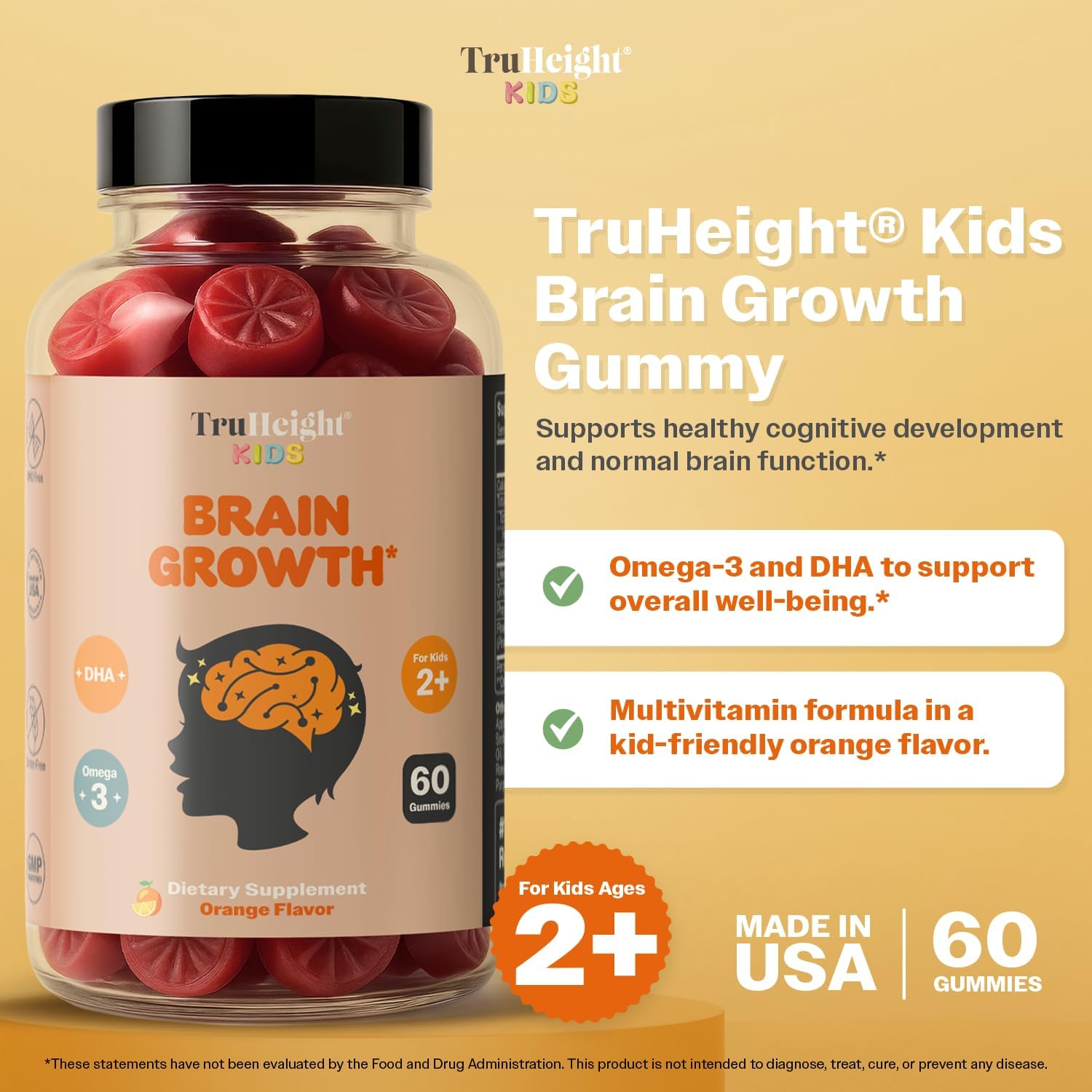 TruHeight Kids Brain Growth Gummies - Orange - Omega-3 DHA Multivitamin for Ages 2+ - görsel 2