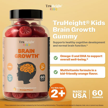 TruHeight Kids Brain Growth Gummies - Orange - Omega-3 DHA Multivitamin for Ages 2+