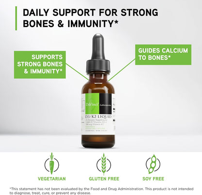 DAVINCI Labs D3/K2 Liquid - Liquid Vitamin D and Vitamin K Food Supplement for Bone Health, Heart Support and Calcium Absorption - 30ml (30 Servings)